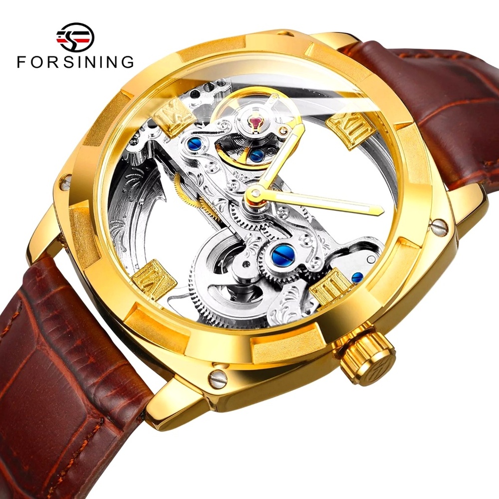 Forsining Mens Skeleton Mechanical Waterproof Luxury Watch Leather Hollow. Gift